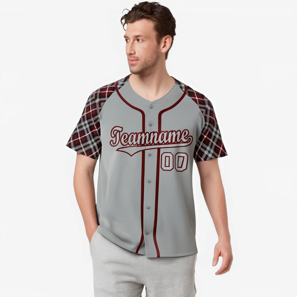 Custom Gray Red-Black Authentic Plaid sleeve Baseball Jersey