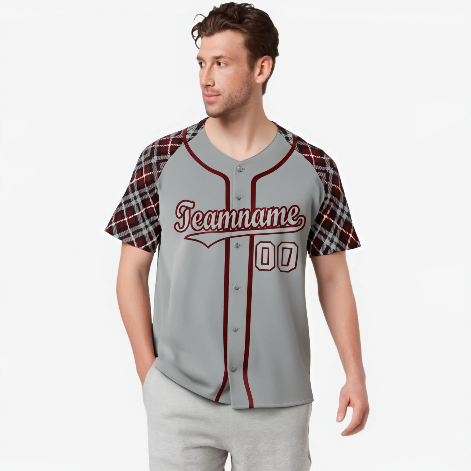 Custom Gray Red-Black Authentic Plaid sleeve Baseball Jersey