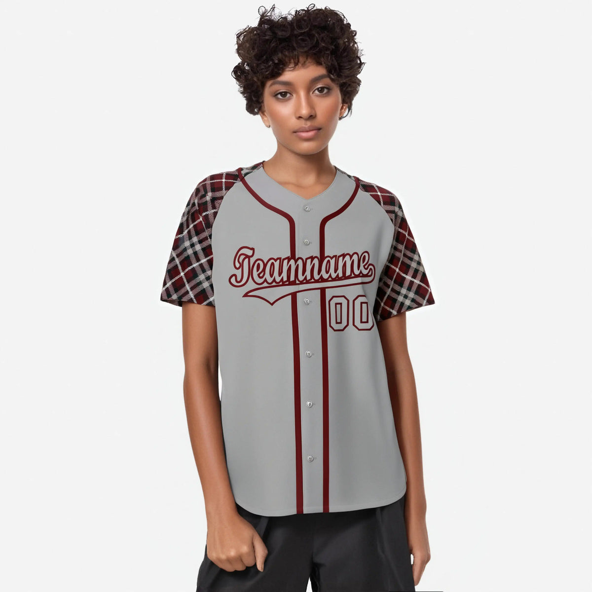 Custom Gray Red-Black Authentic Plaid sleeve Baseball Jersey