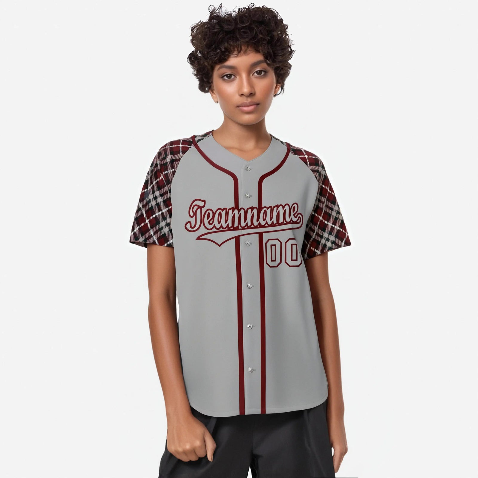 Custom Gray Red-Black Authentic Plaid sleeve Baseball Jersey