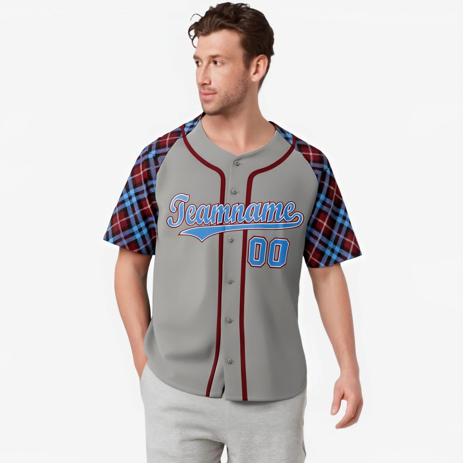 Custom Gray Blue-Red Authentic Plaid sleeve Baseball Jersey