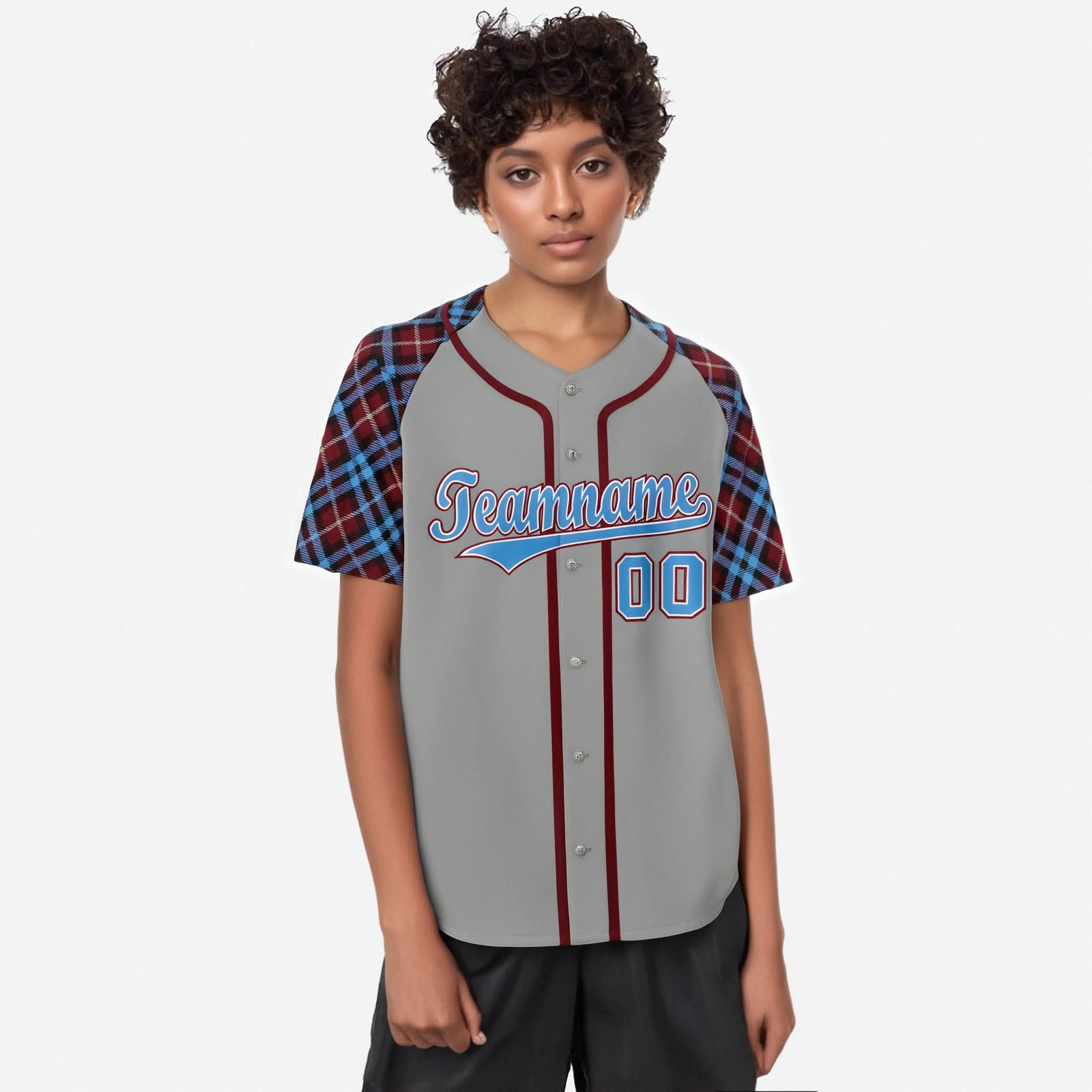 Custom Gray Blue-Red Authentic Plaid sleeve Baseball Jersey