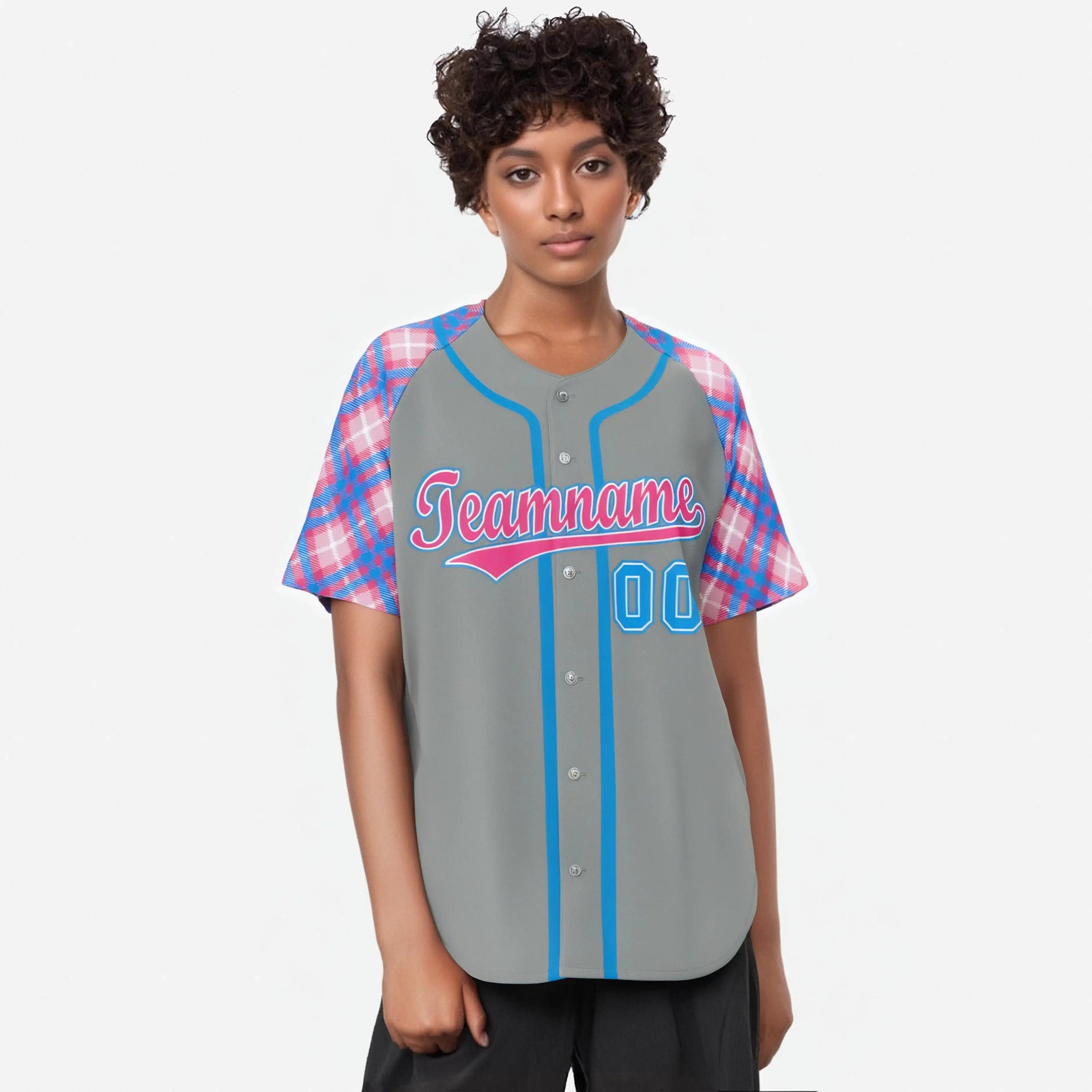 Custom Gray Blue-Pink Authentic Plaid sleeve Baseball Jersey