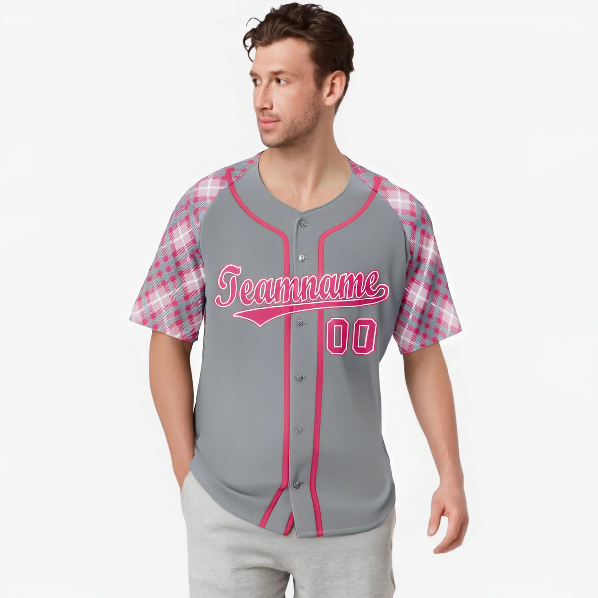 Custom Gray Pink-White Authentic Plaid sleeve Baseball Jersey