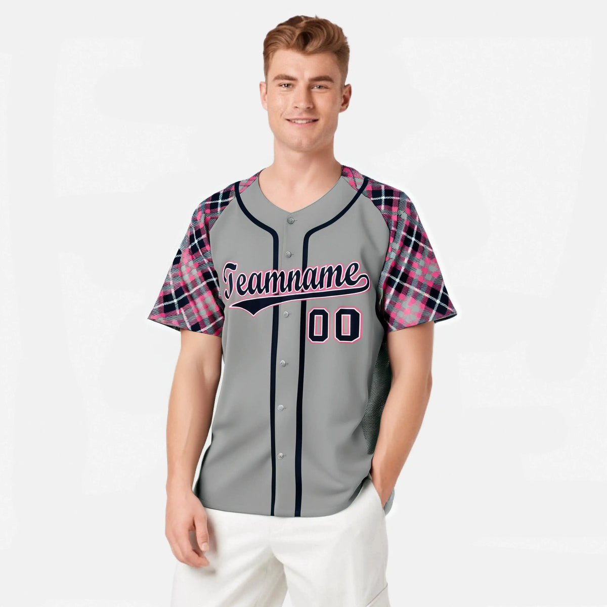 Custom Gray Pink-Navy Authentic Plaid sleeve Baseball Jersey