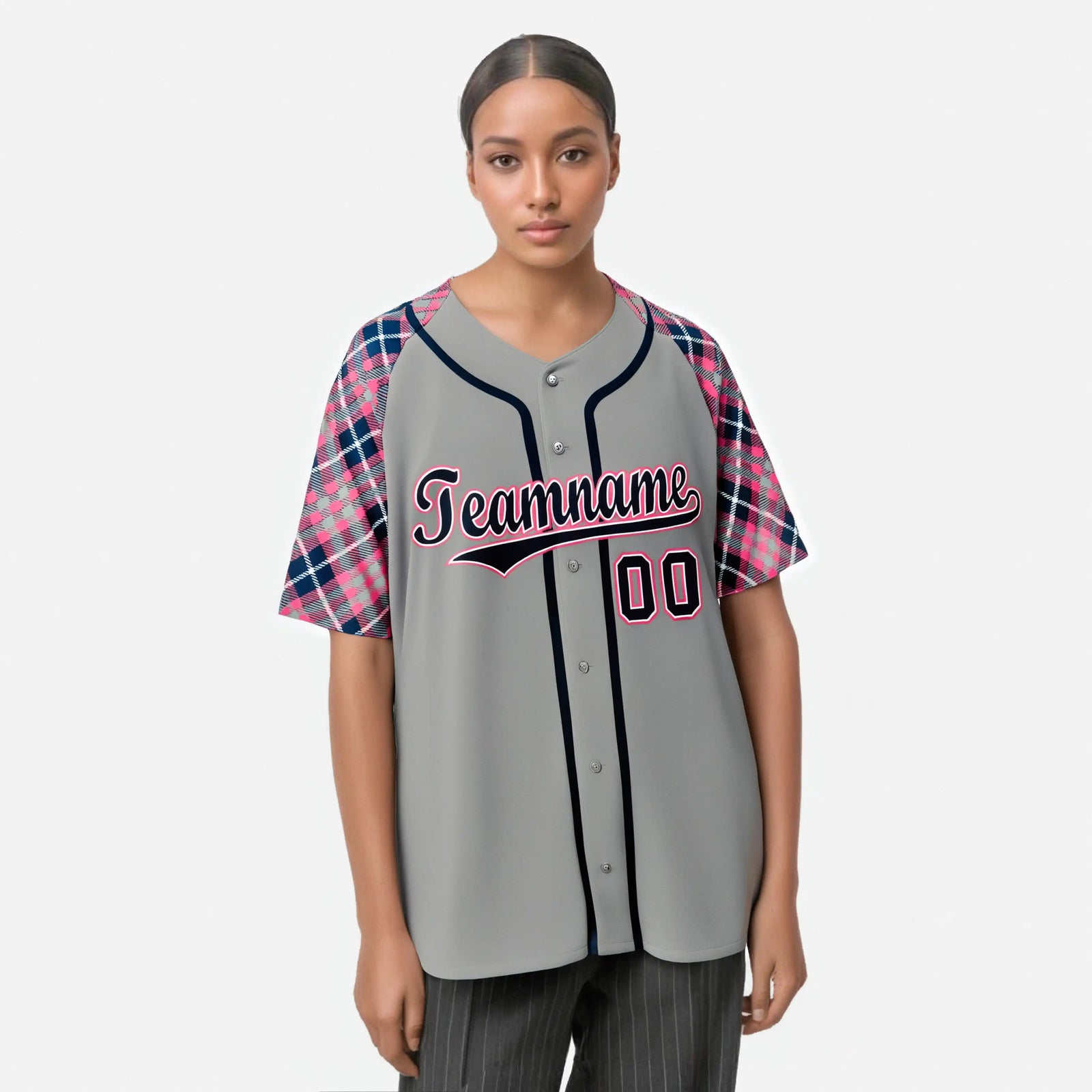Custom Gray Pink-Navy Authentic Plaid sleeve Baseball Jersey