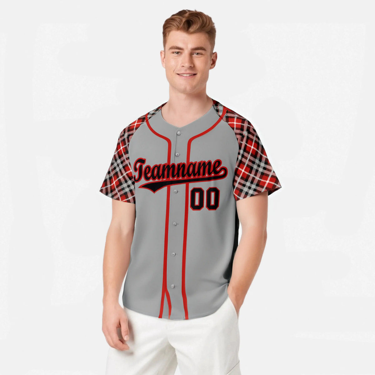 Custom Gray Fire Red Black Authentic Plaid sleeve Baseball Jersey