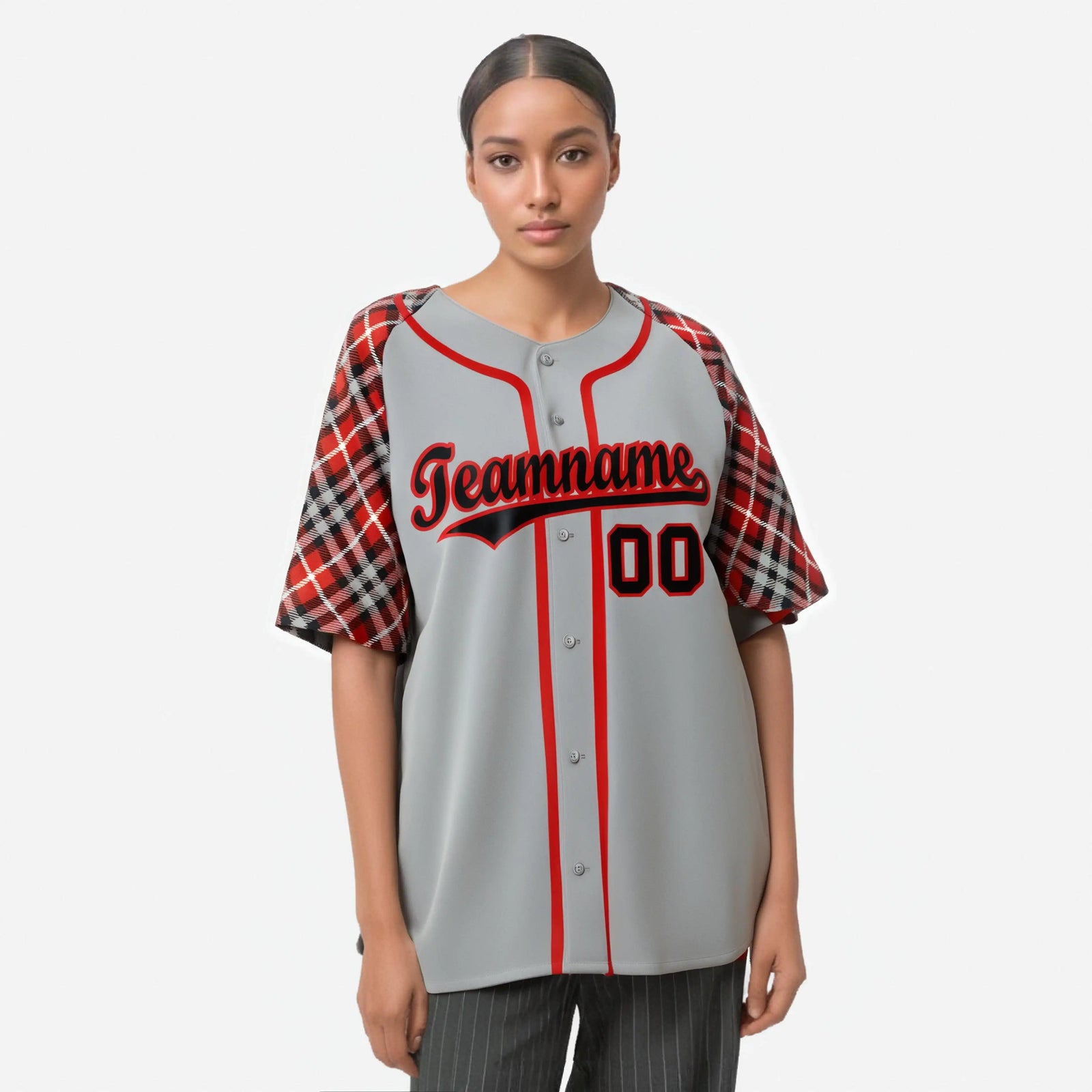Custom Gray Fire Red Black Authentic Plaid sleeve Baseball Jersey