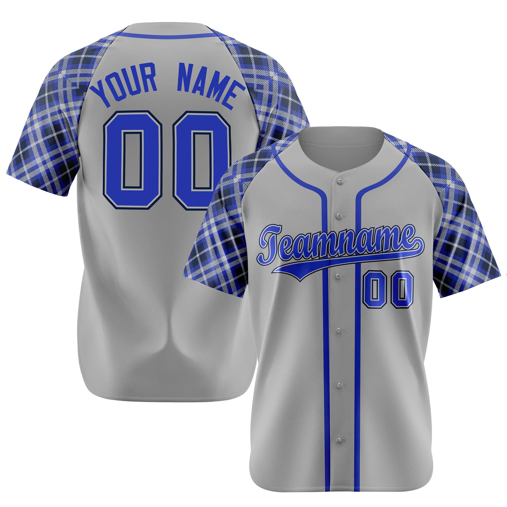 Custom Gray Purple-Navy Authentic Plaid sleeve Baseball Jersey