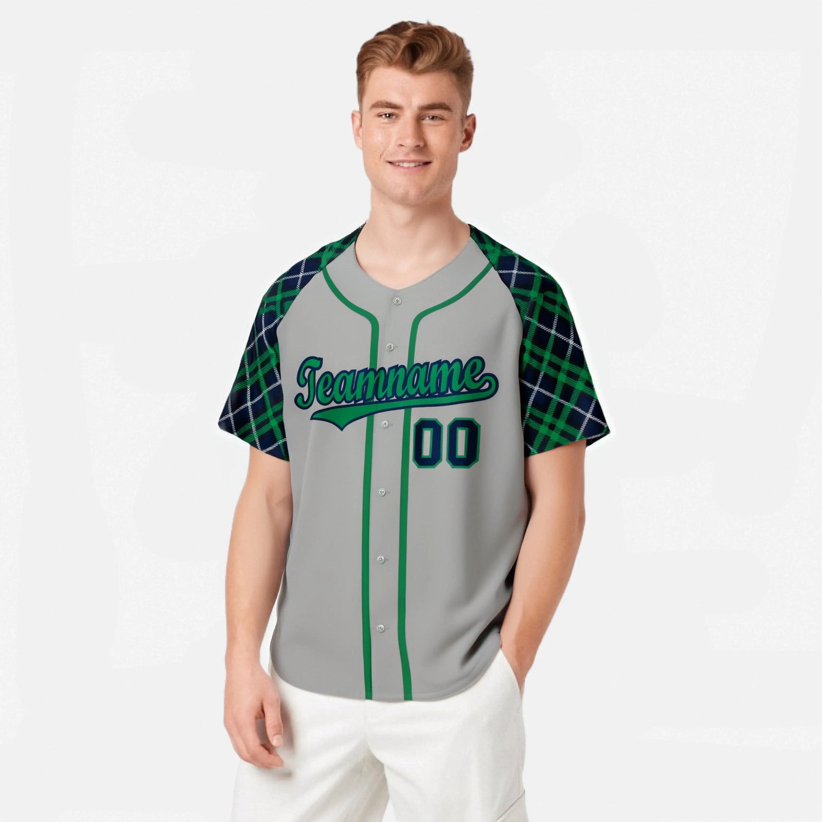 Custom Gray Green-Navy Authentic Plaid sleeve Baseball Jersey