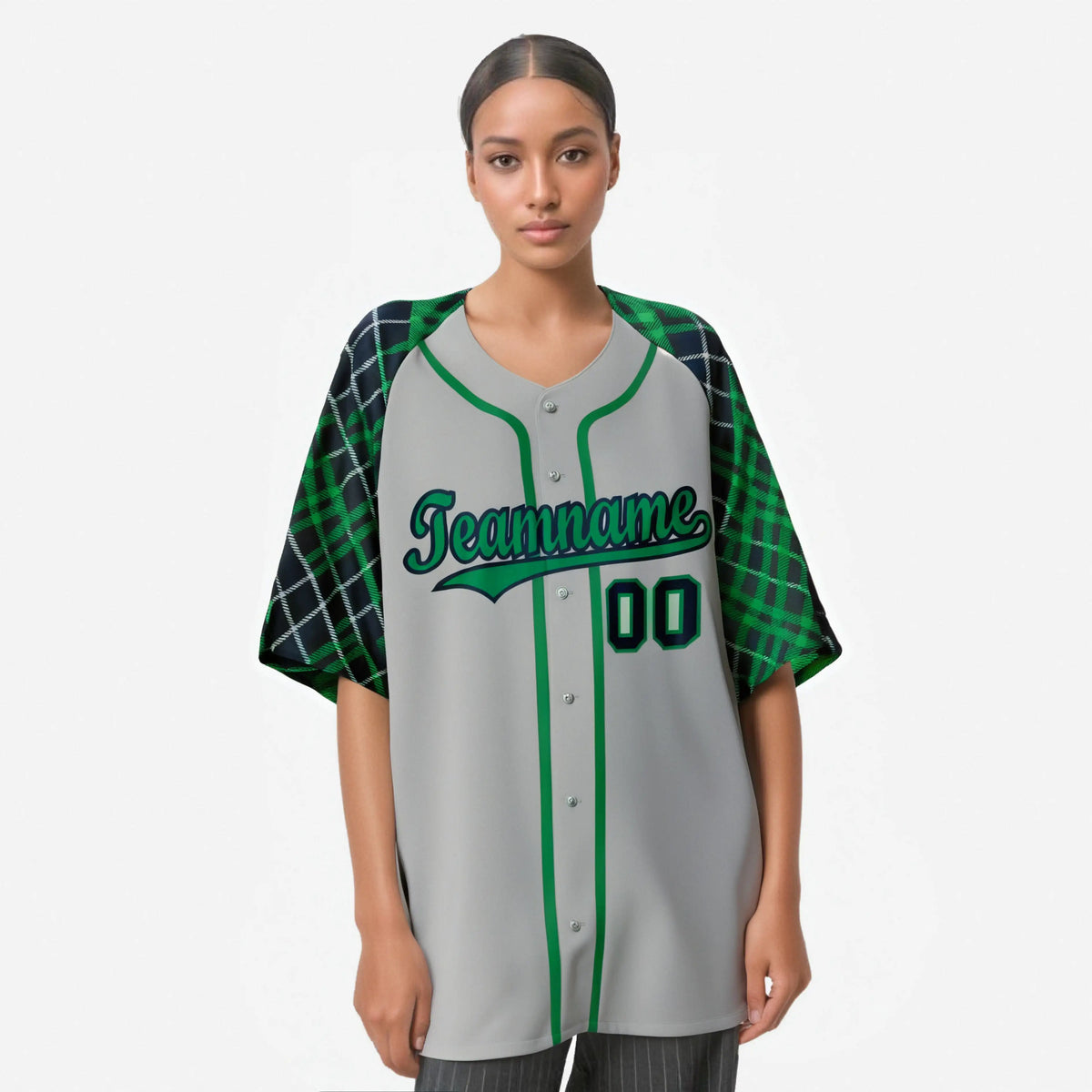 Custom Gray Green-Navy Authentic Plaid sleeve Baseball Jersey