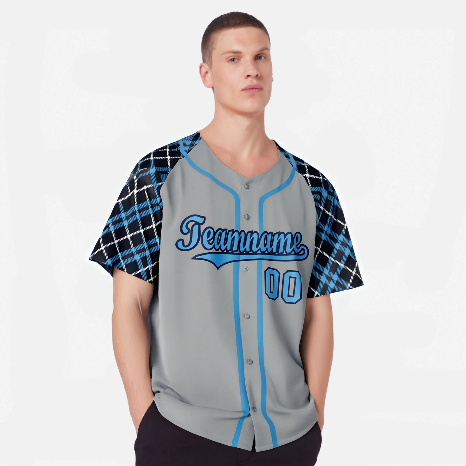 Custom Gray Blue-Navy Authentic Plaid sleeve Baseball Jersey