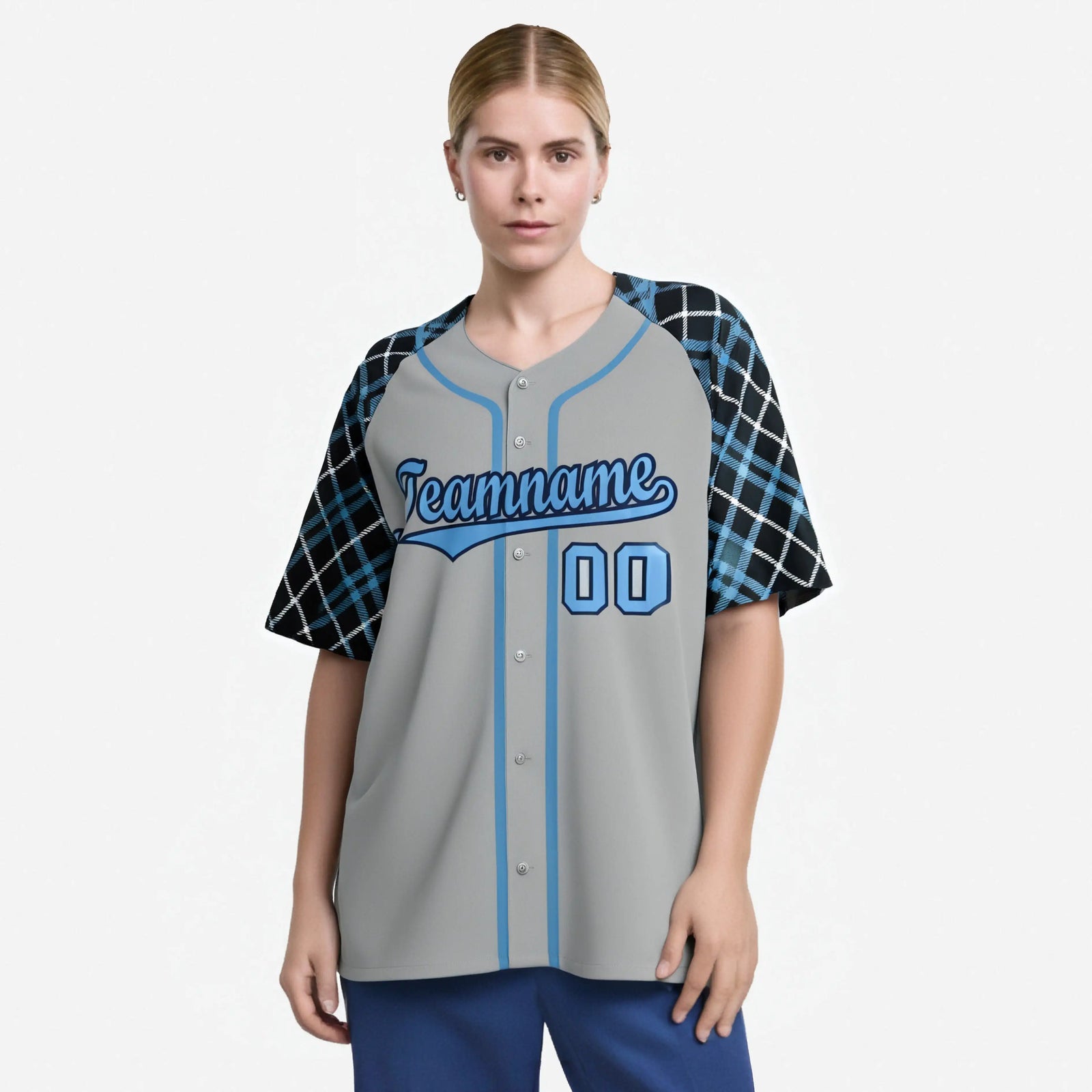 Custom Gray Blue-Navy Authentic Plaid sleeve Baseball Jersey