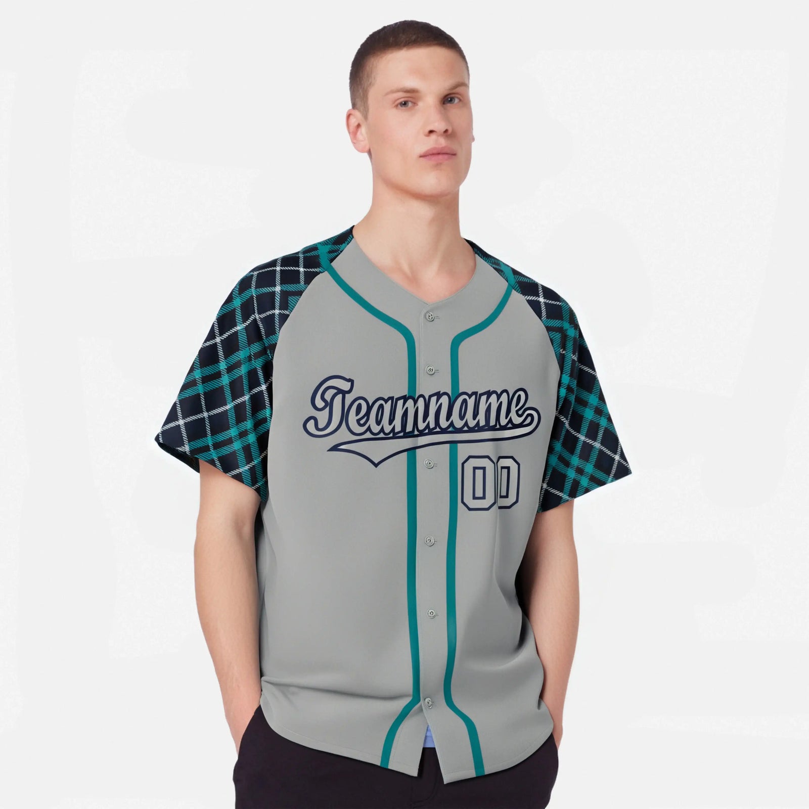 Custom Gray Green-Navy Authentic Plaid sleeve Baseball Jersey