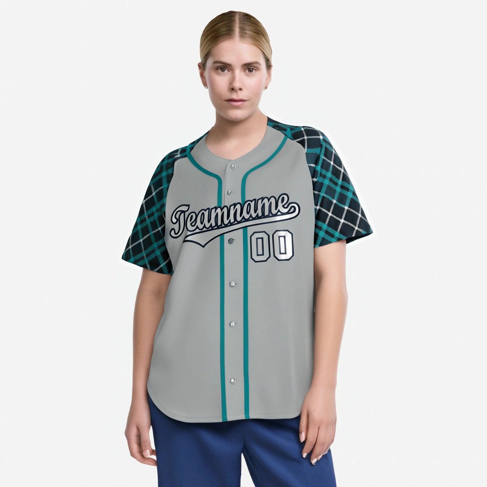 Custom Gray Green-Navy Authentic Plaid sleeve Baseball Jersey