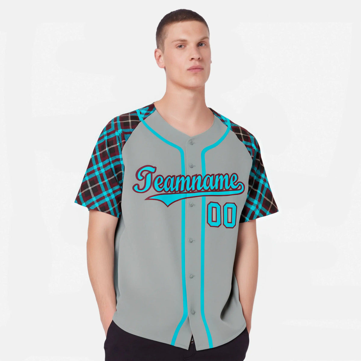 Custom Gray Blue-Brown Authentic Plaid sleeve Baseball Jersey