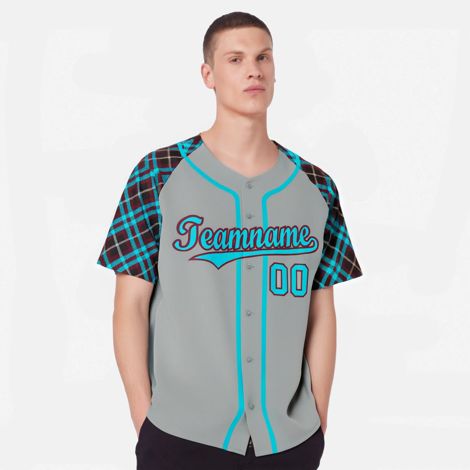 Custom Gray Blue-Brown Authentic Plaid sleeve Baseball Jersey