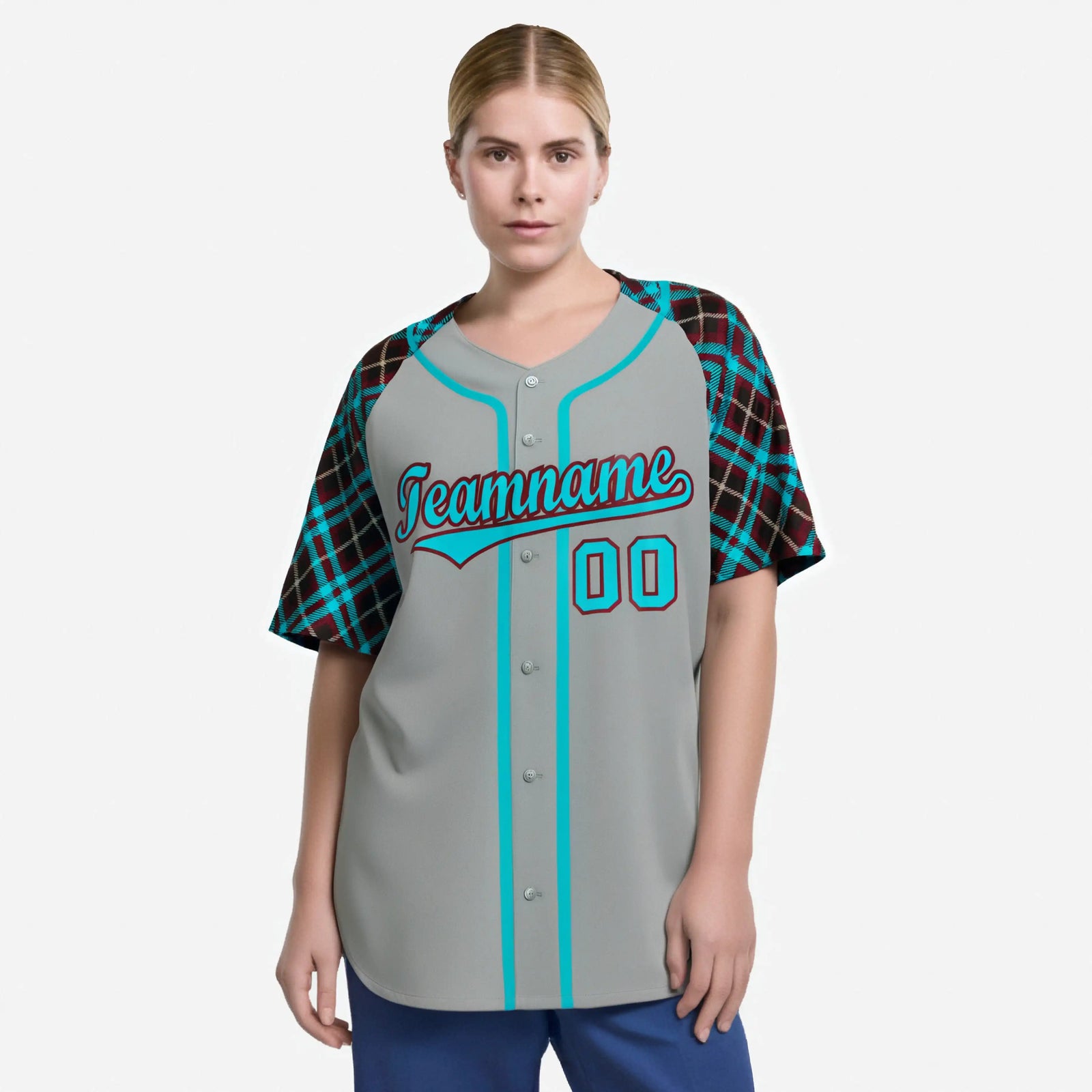 Custom Gray Blue-Brown Authentic Plaid sleeve Baseball Jersey