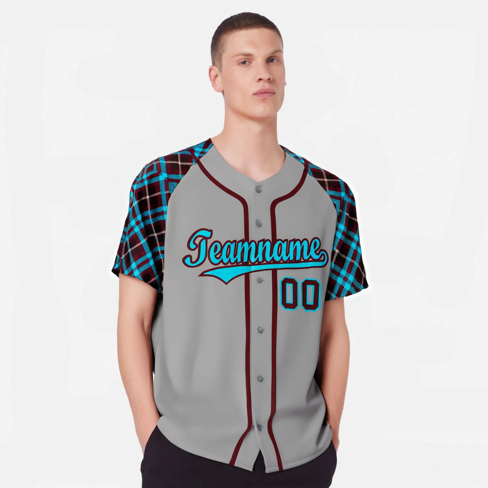 Custom Gray Blue-Crimson Authentic Plaid sleeve Baseball Jersey