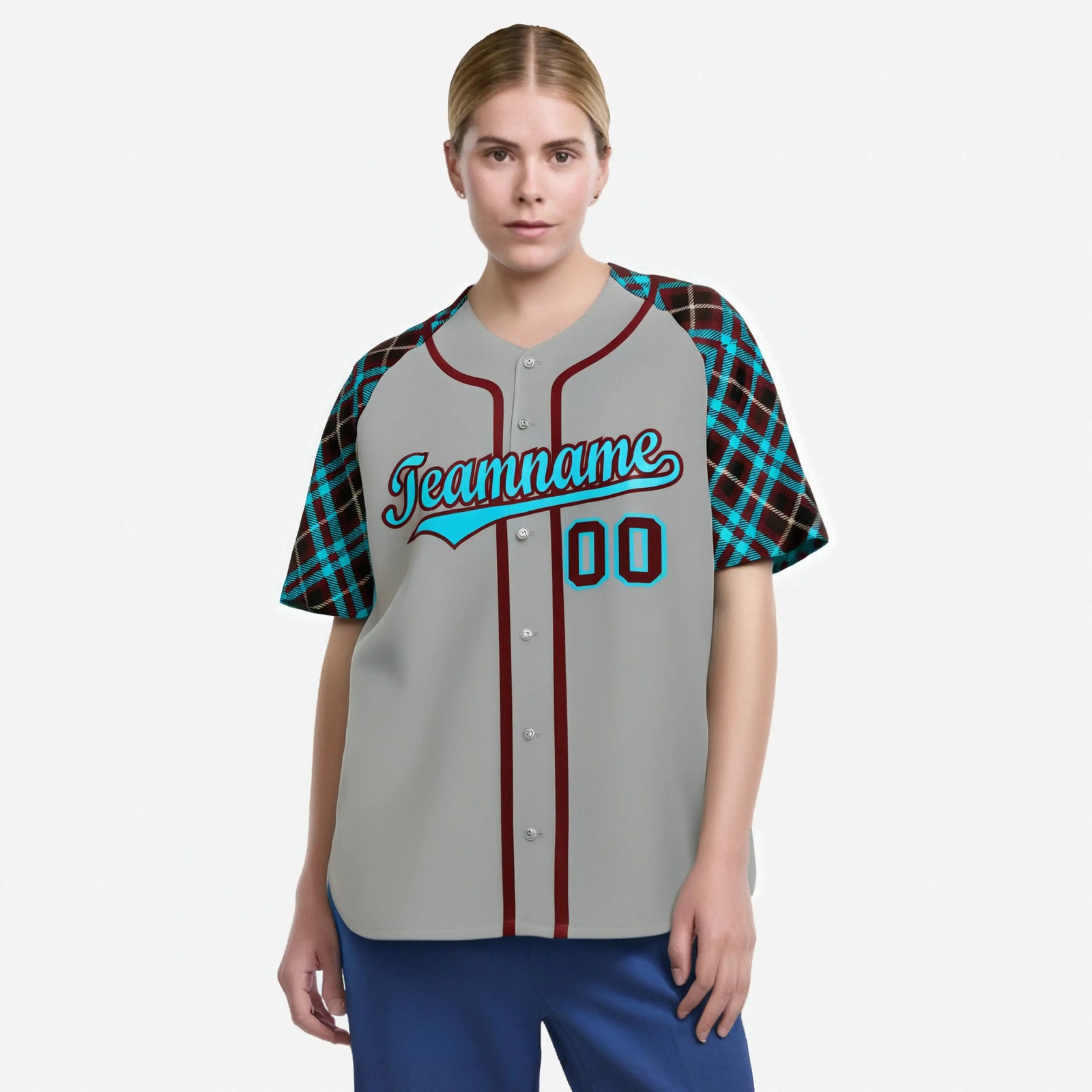 Custom Gray Blue-Crimson Authentic Plaid sleeve Baseball Jersey