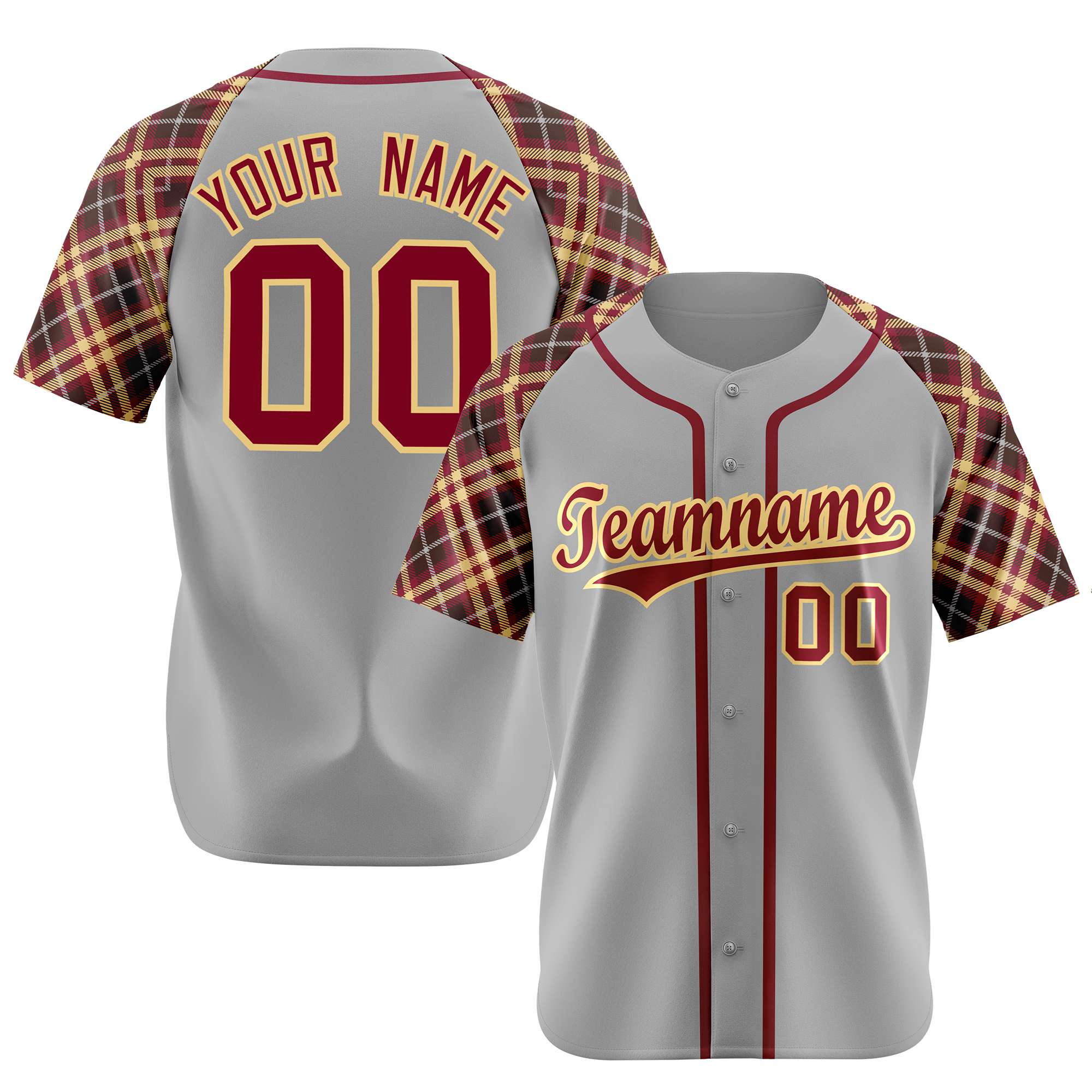 Custom Gray Crimson-Yellow Authentic Plaid sleeve Baseball Jersey