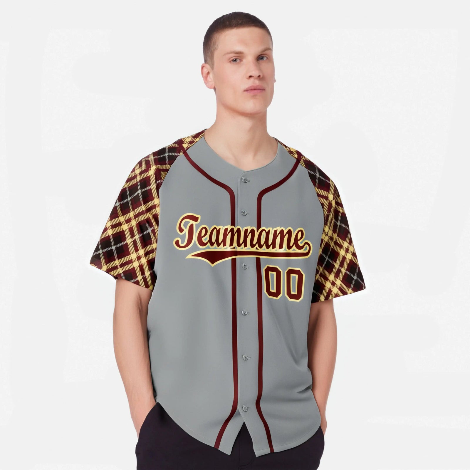 Custom Gray Crimson-Yellow Authentic Plaid sleeve Baseball Jersey