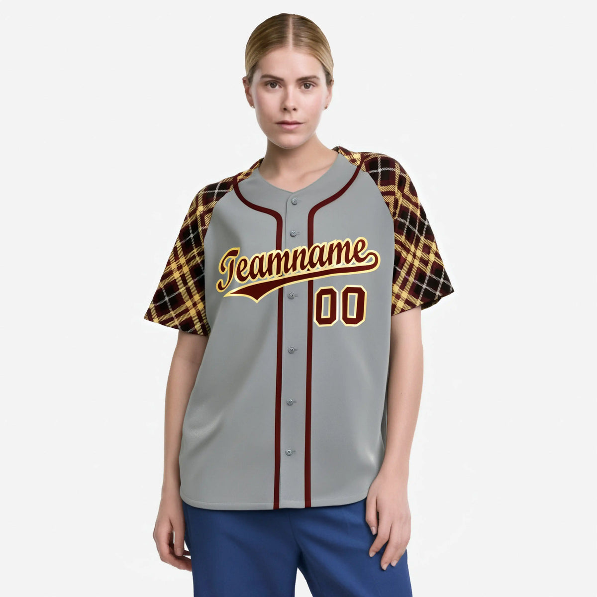 Custom Gray Crimson-Yellow Authentic Plaid sleeve Baseball Jersey