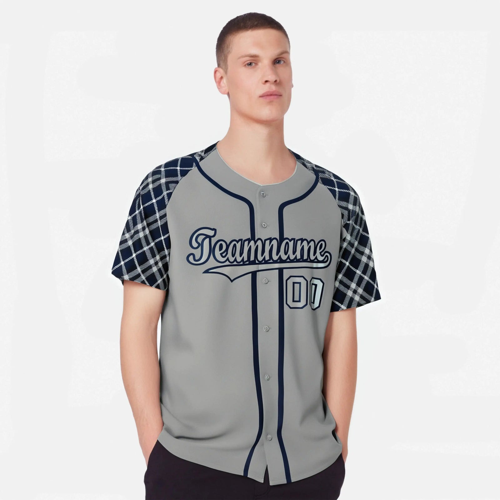 Custom Gray Navy-Black Authentic Plaid sleeve Baseball Jersey