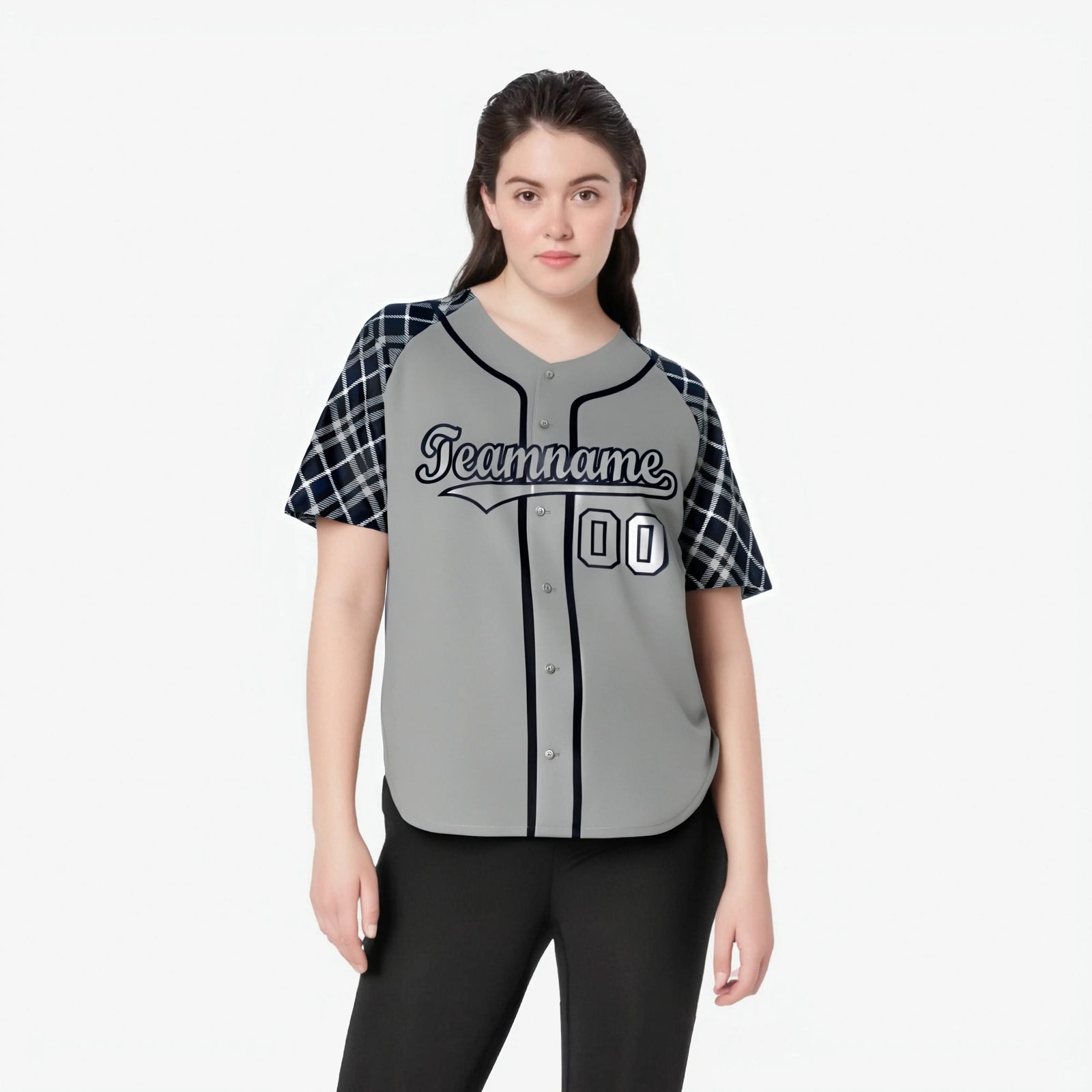 Custom Gray Navy-Black Authentic Plaid sleeve Baseball Jersey