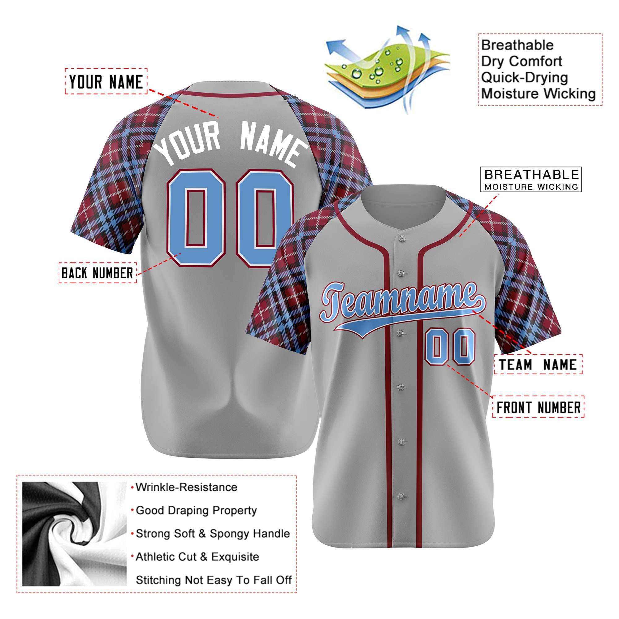 Custom Gray Blue-Red White Authentic Plaid sleeve Baseball Jersey