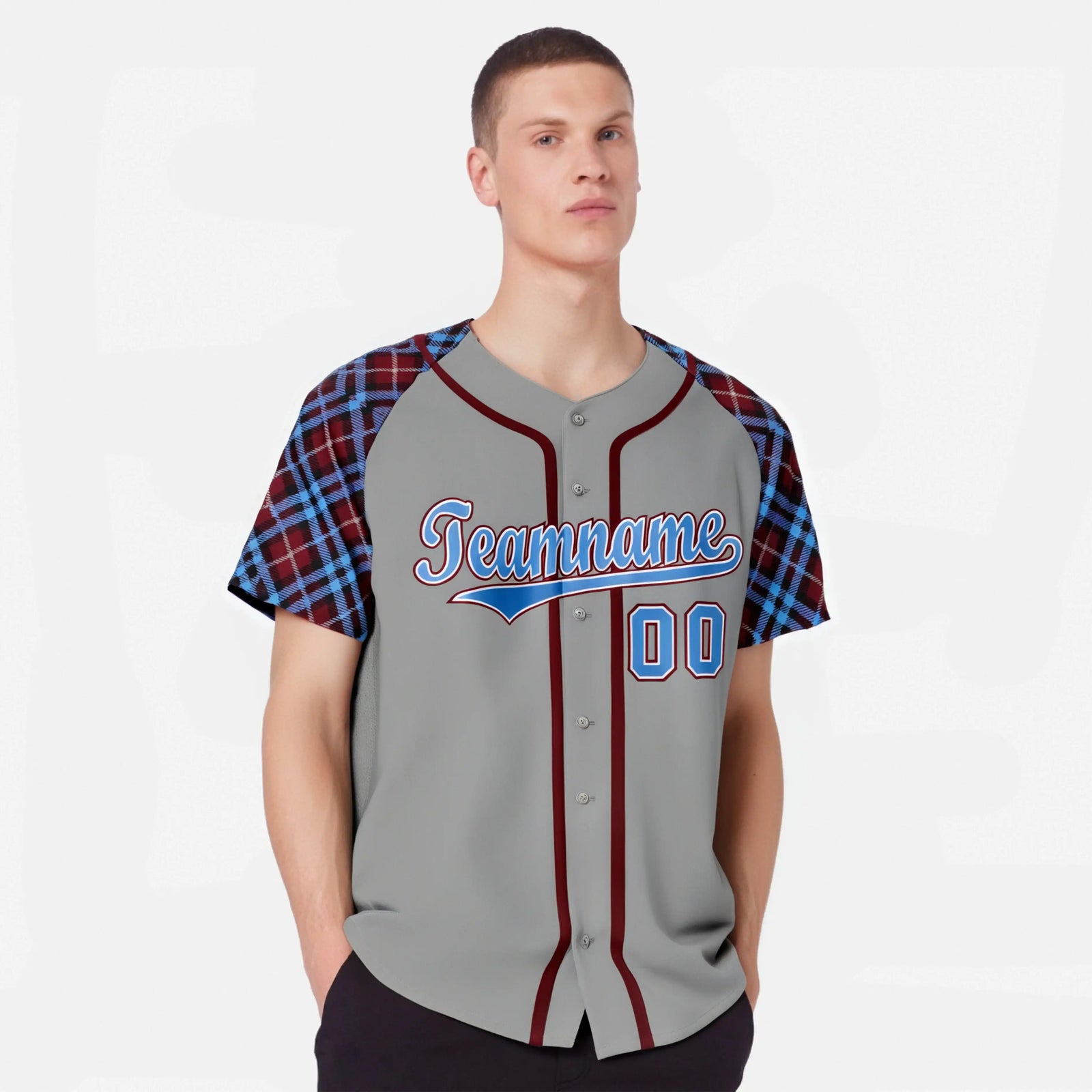 Custom Gray Blue-Red White Authentic Plaid sleeve Baseball Jersey