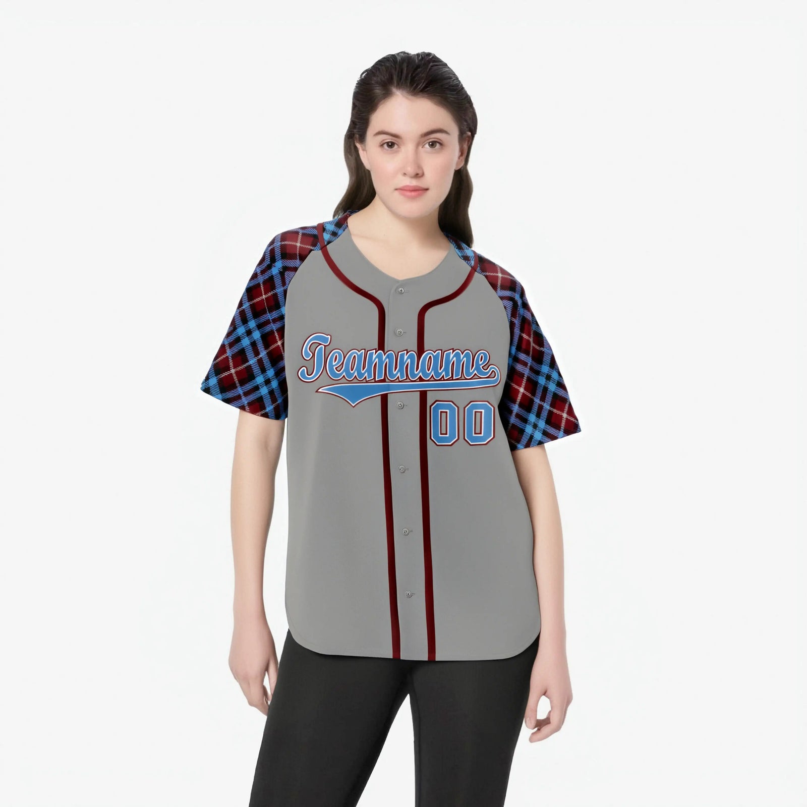 Custom Gray Blue-Red White Authentic Plaid sleeve Baseball Jersey