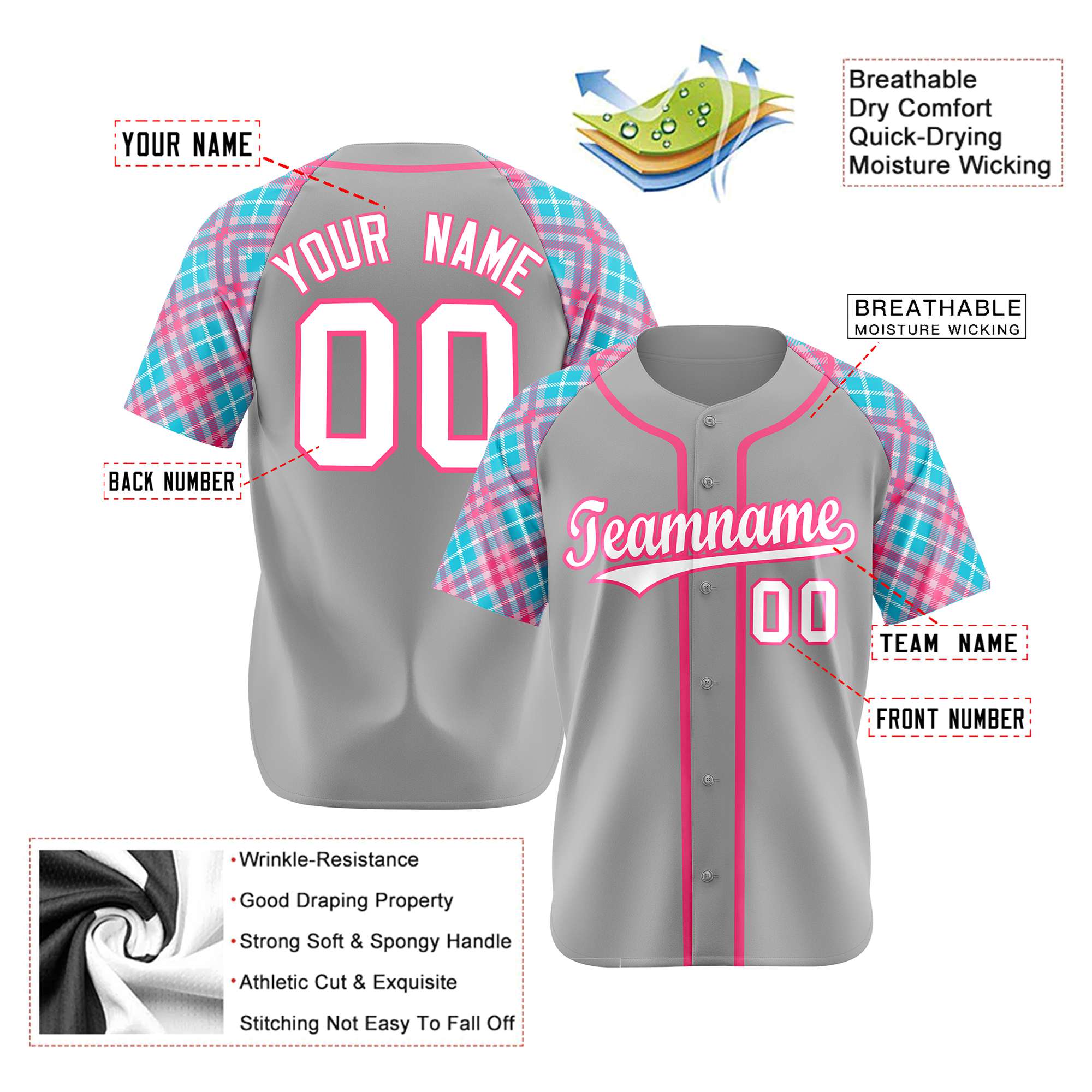 Custom Gray Blue-Pink White Authentic Plaid sleeve Baseball Jersey