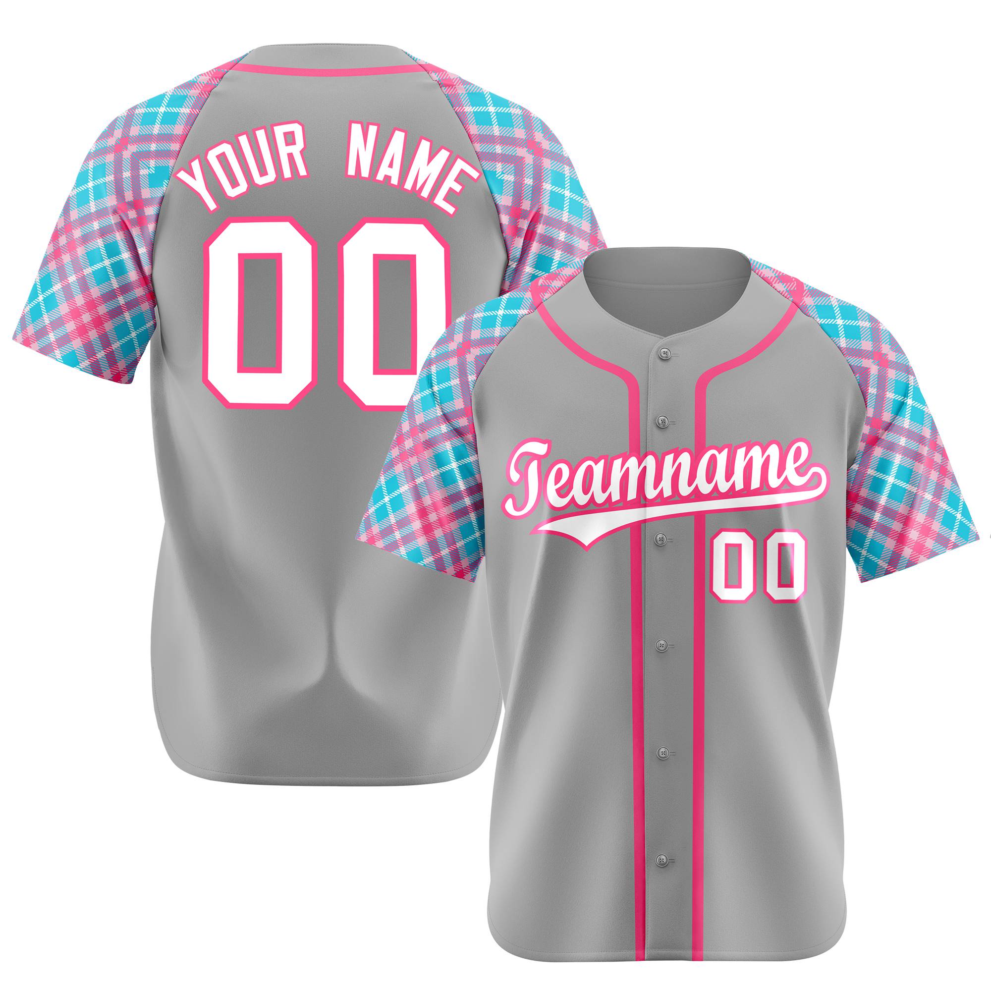 Custom Gray Blue-Pink White Authentic Plaid sleeve Baseball Jersey