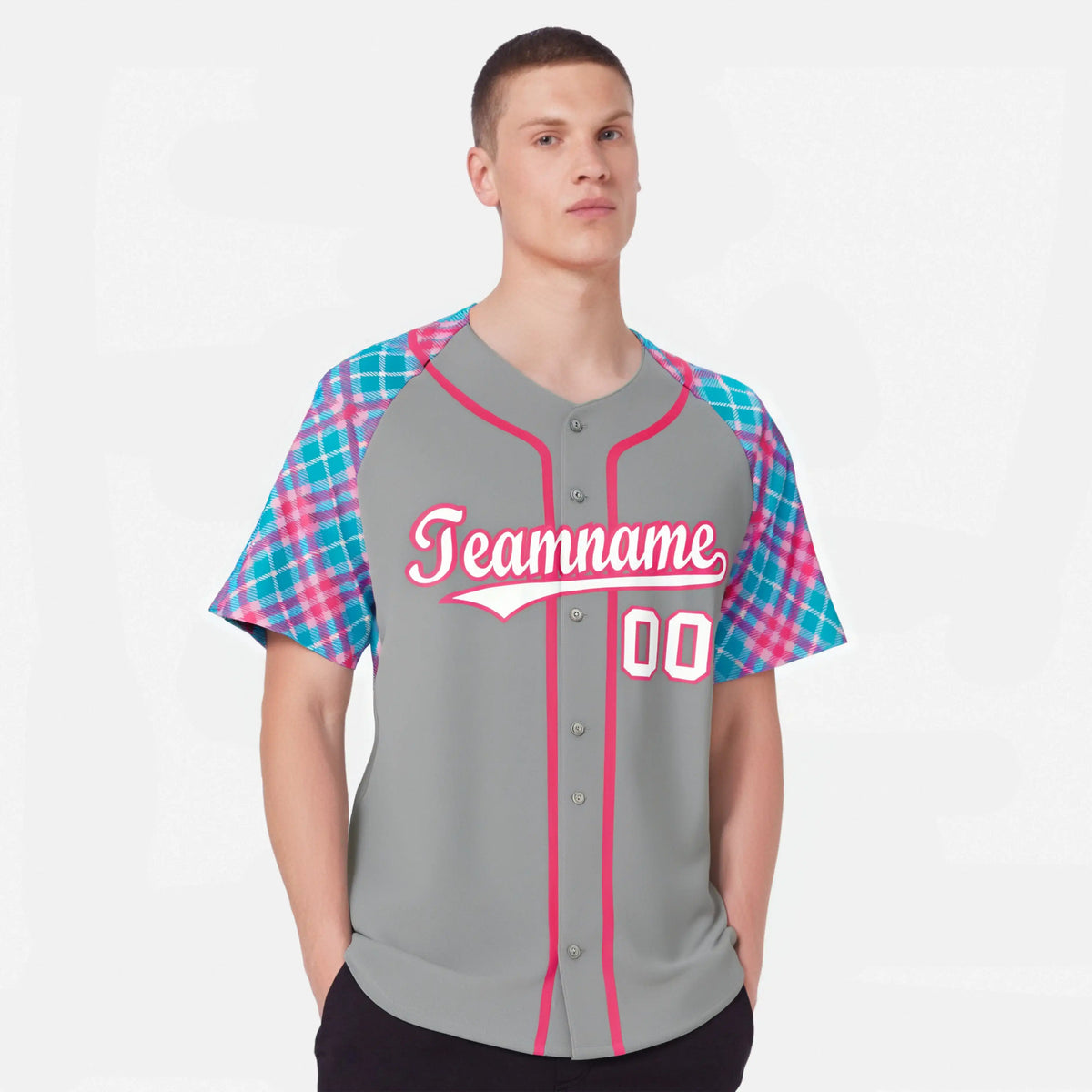 Custom Gray Blue-Pink White Authentic Plaid sleeve Baseball Jersey