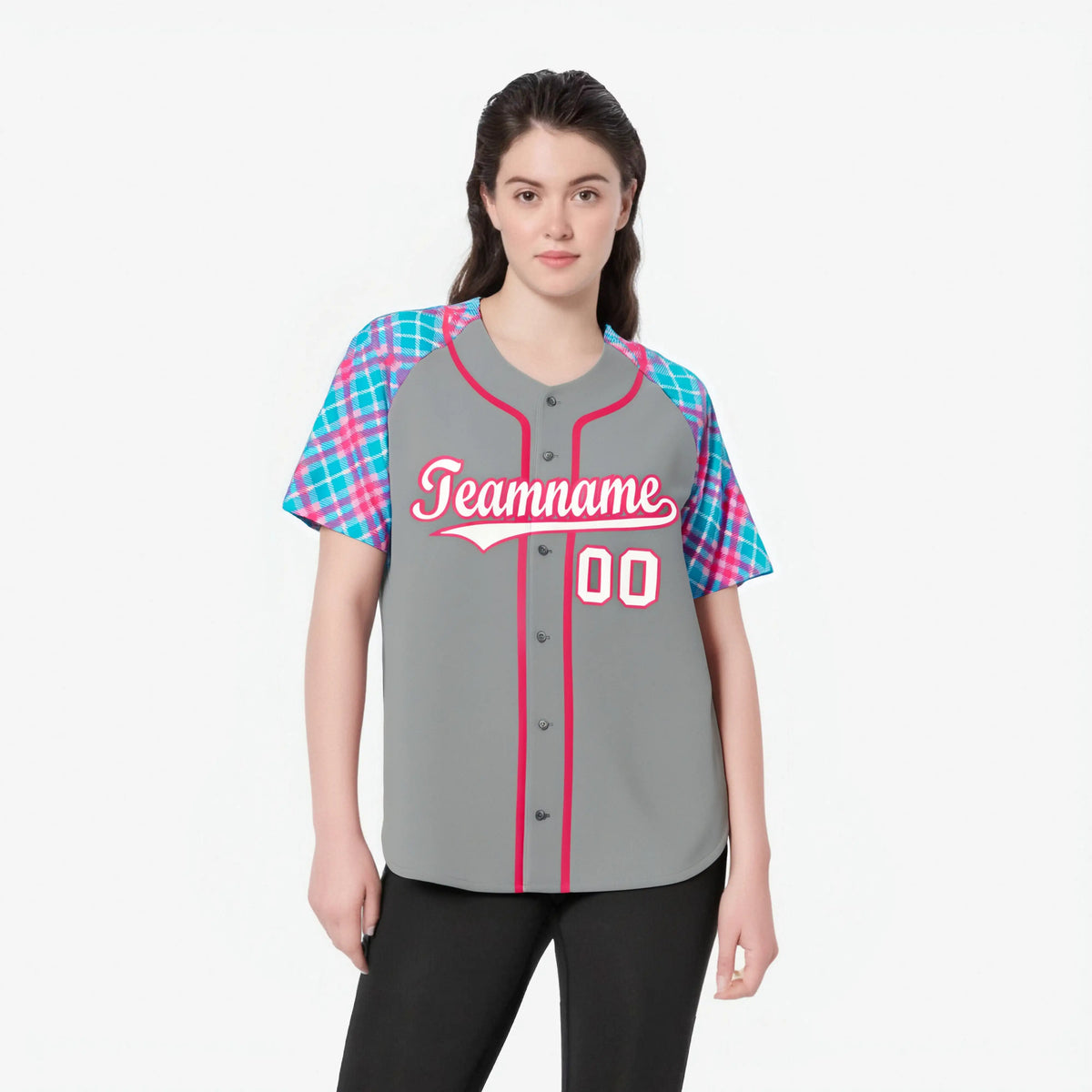 Custom Gray Blue-Pink White Authentic Plaid sleeve Baseball Jersey