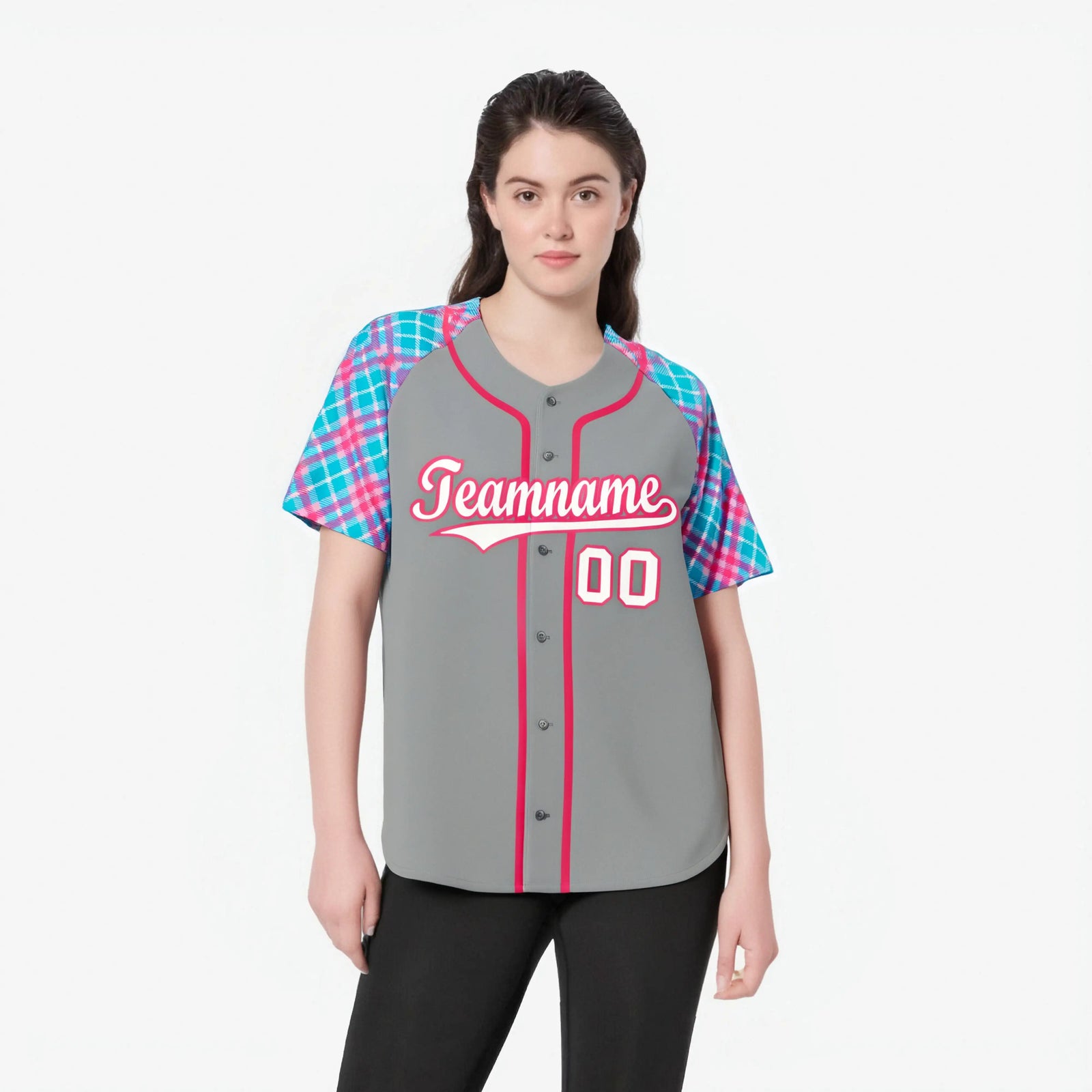 Custom Gray Blue-Pink White Authentic Plaid sleeve Baseball Jersey
