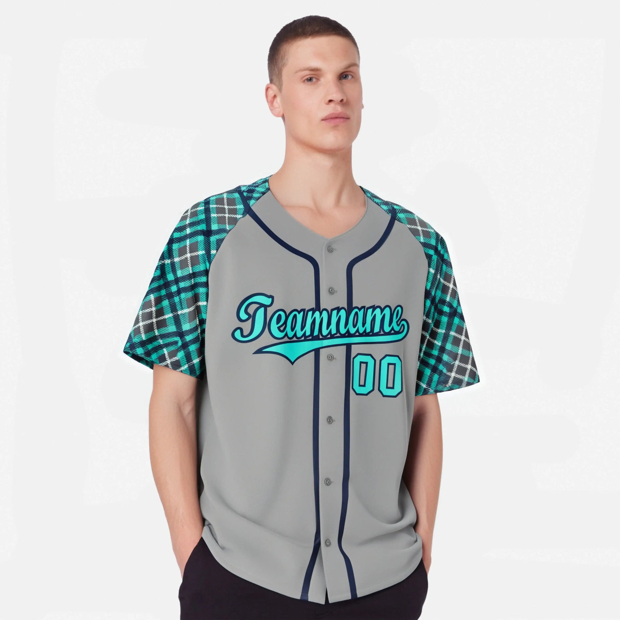 Custom Gray Blue-Navy White Authentic Plaid sleeve Baseball Jersey