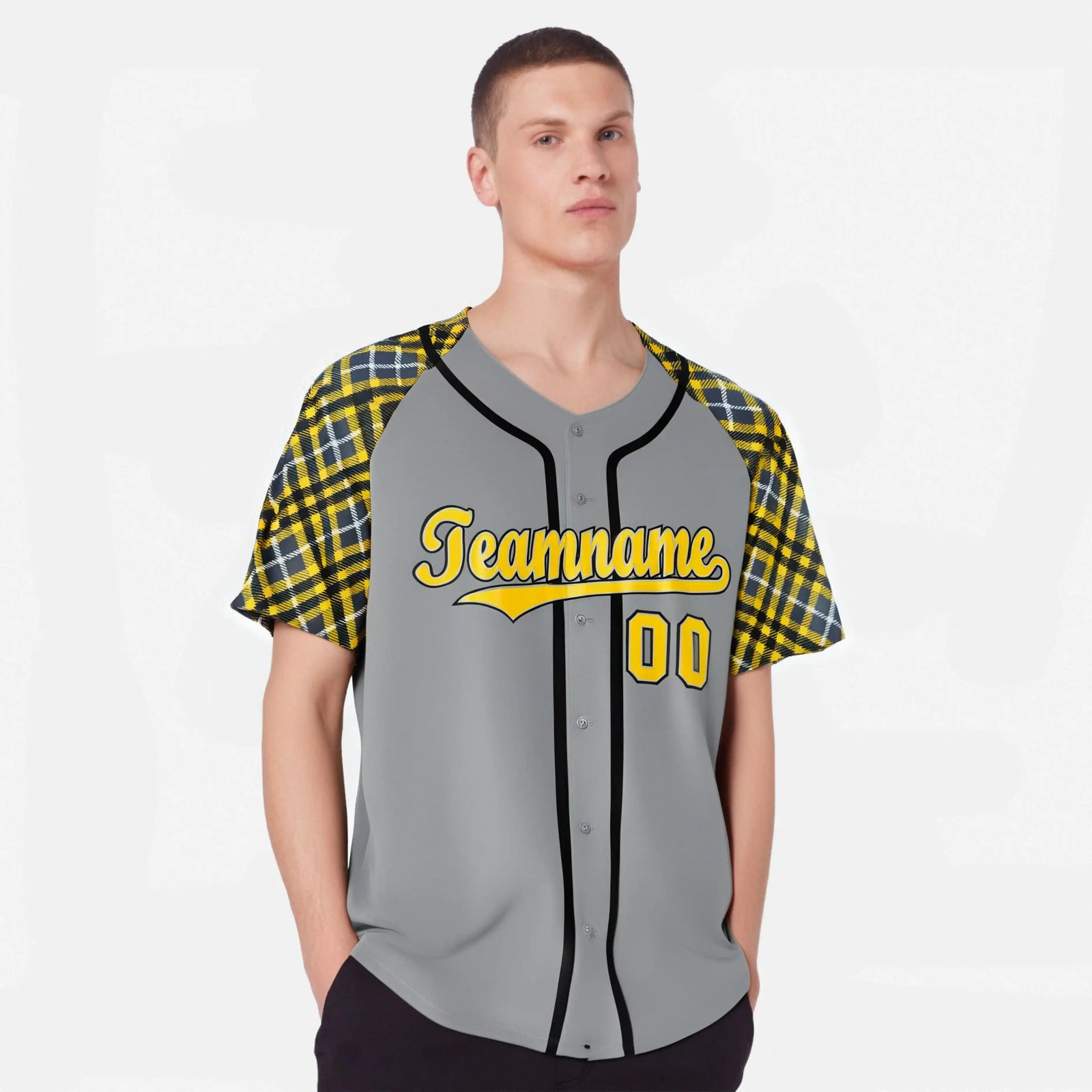 Custom Gray Yellow-Black White Authentic Plaid sleeve Baseball Jersey