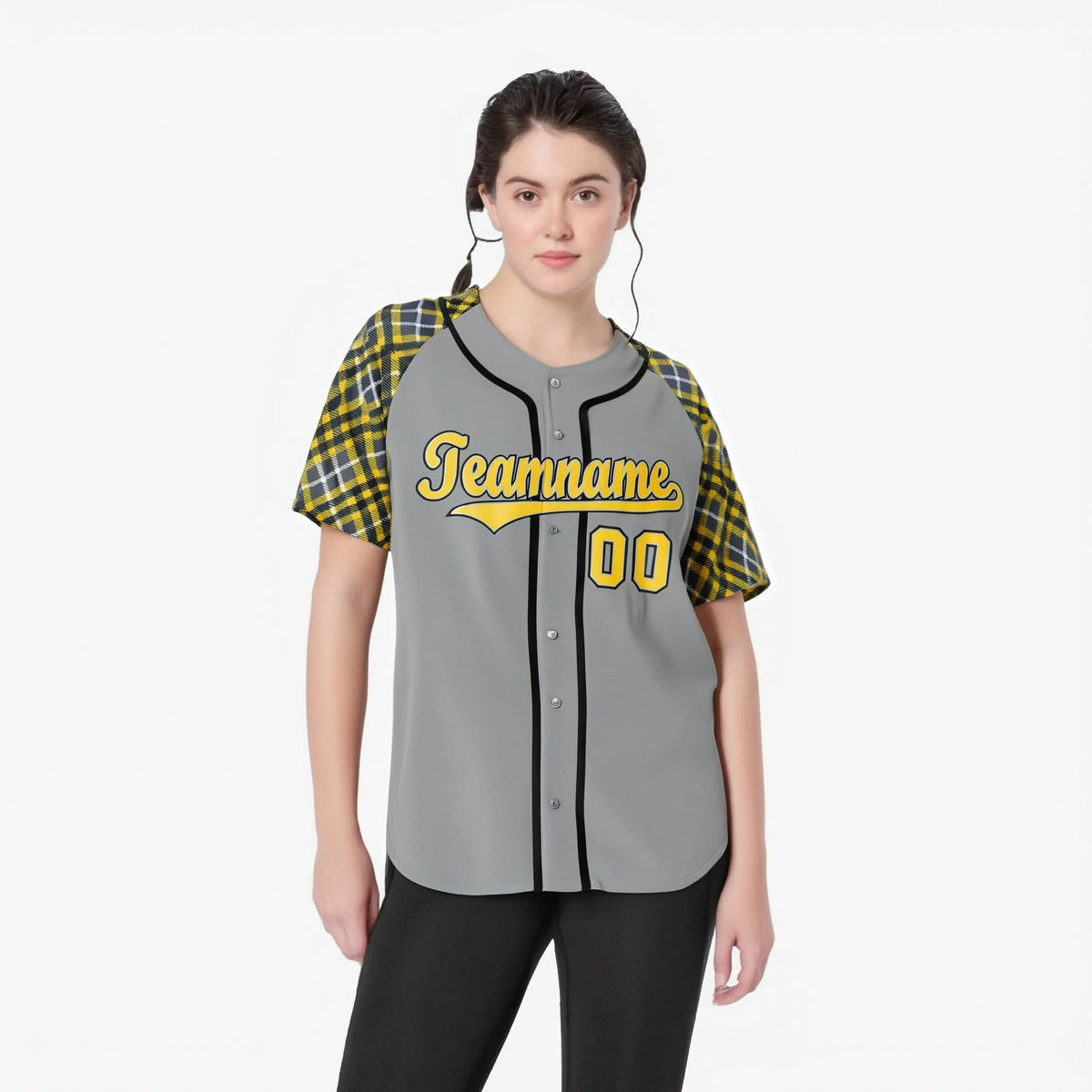 Custom Gray Yellow-Black White Authentic Plaid sleeve Baseball Jersey