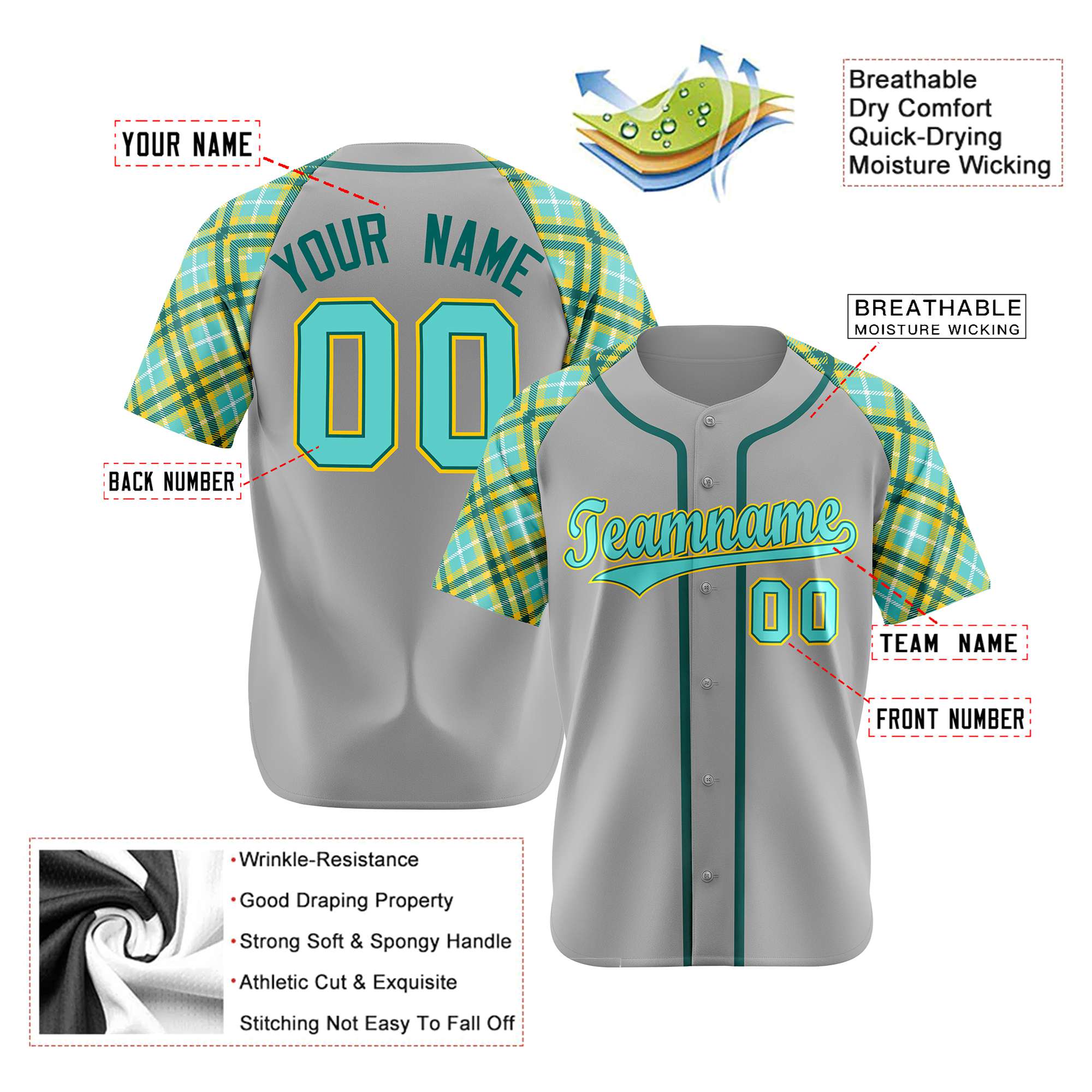 Custom Gray Midnight Green Light Blue White Authentic Plaid sleeve Baseball Jersey