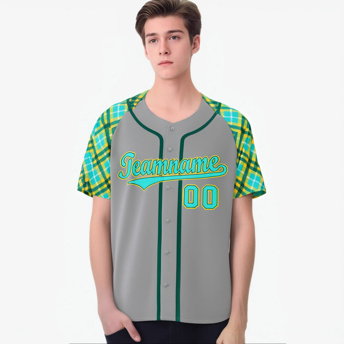 Custom Gray Midnight Green Light Blue White Authentic Plaid sleeve Baseball Jersey