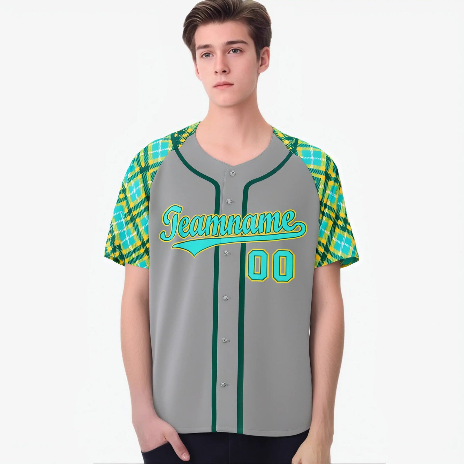 Custom Gray Midnight Green Light Blue White Authentic Plaid sleeve Baseball Jersey