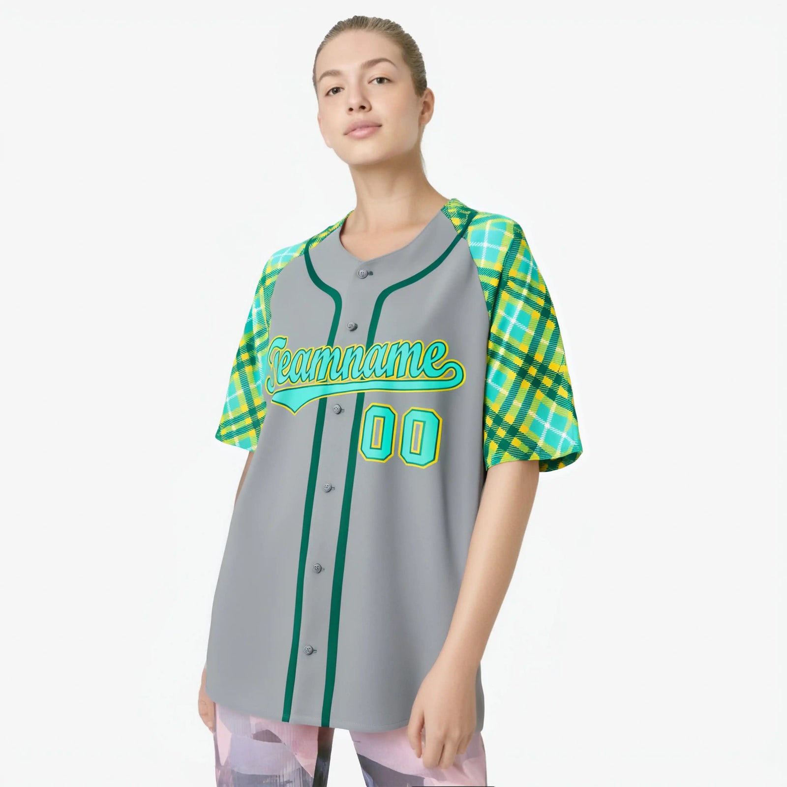 Custom Gray Midnight Green Light Blue White Authentic Plaid sleeve Baseball Jersey