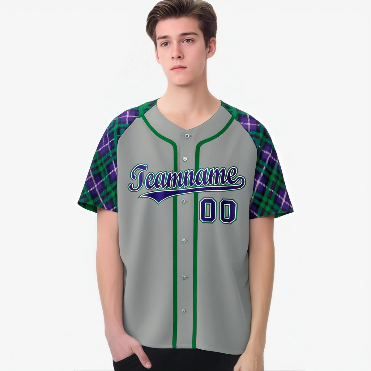 Custom Gray Purple-Green White Authentic Plaid sleeve Baseball Jersey
