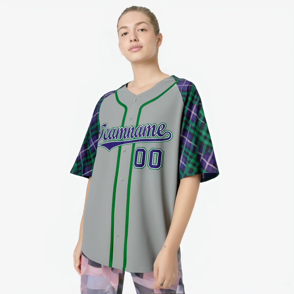 Custom Gray Purple-Green White Authentic Plaid sleeve Baseball Jersey