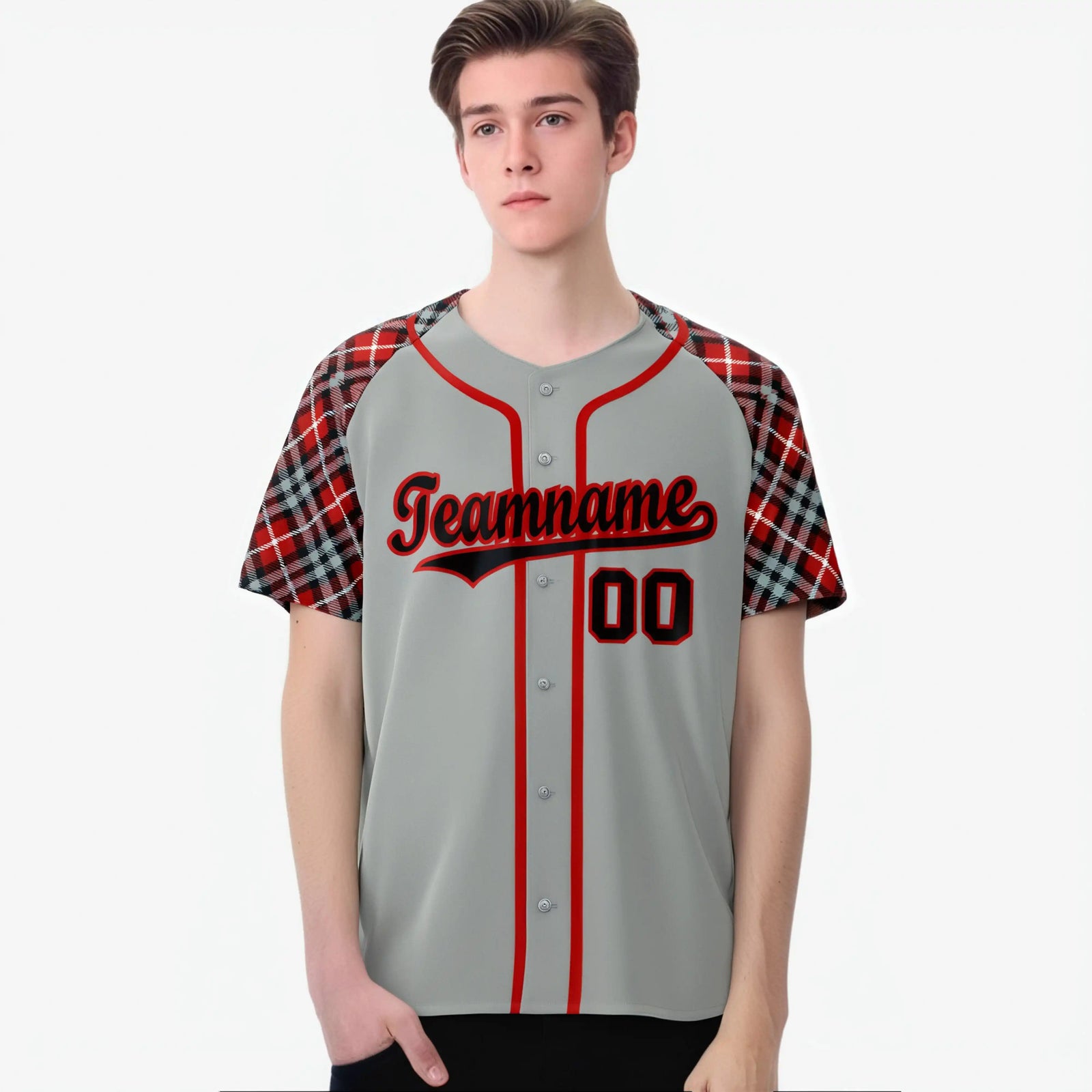Custom Gray Fire Red Black Authentic Plaid sleeve Baseball Jersey
