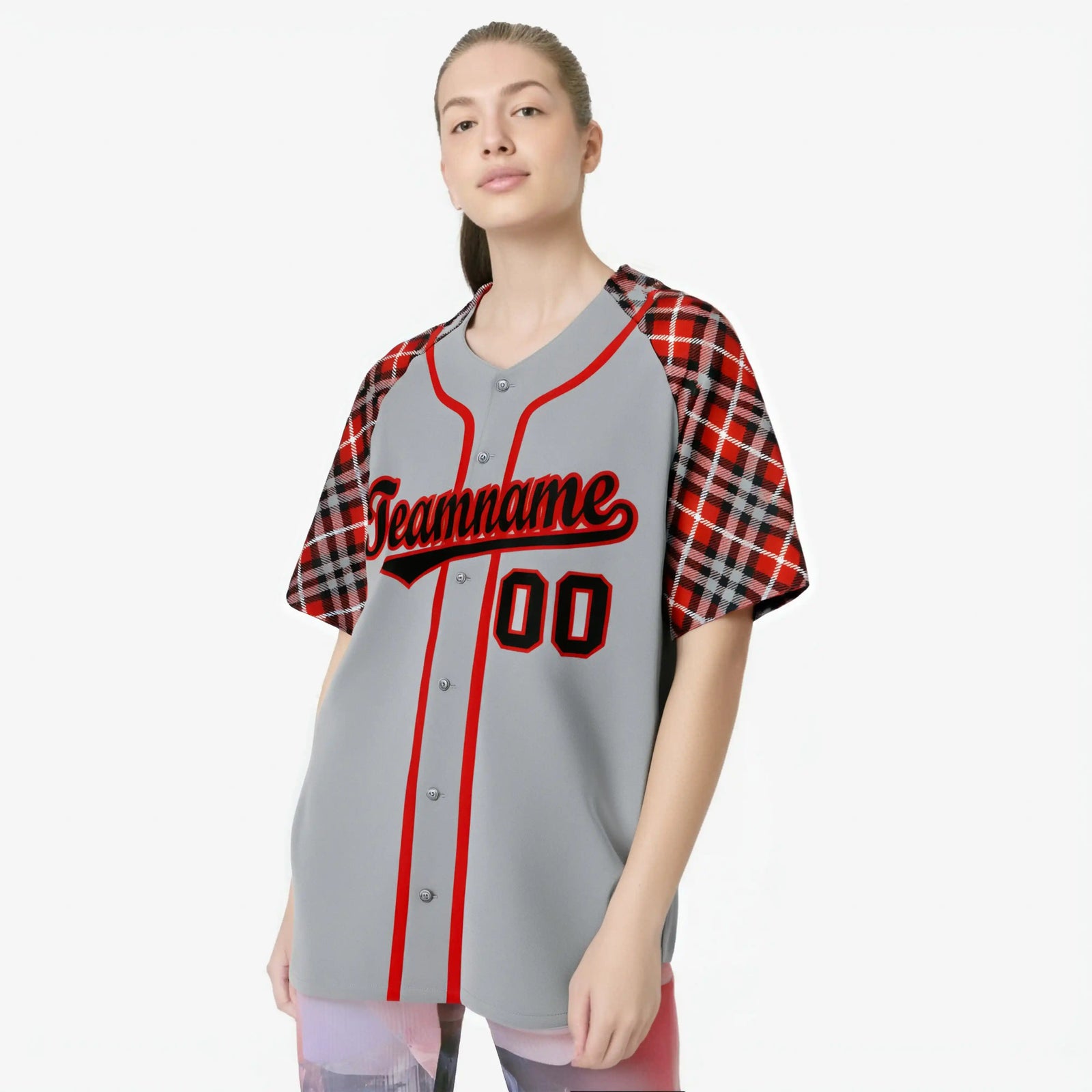 Custom Gray Fire Red Black Authentic Plaid sleeve Baseball Jersey