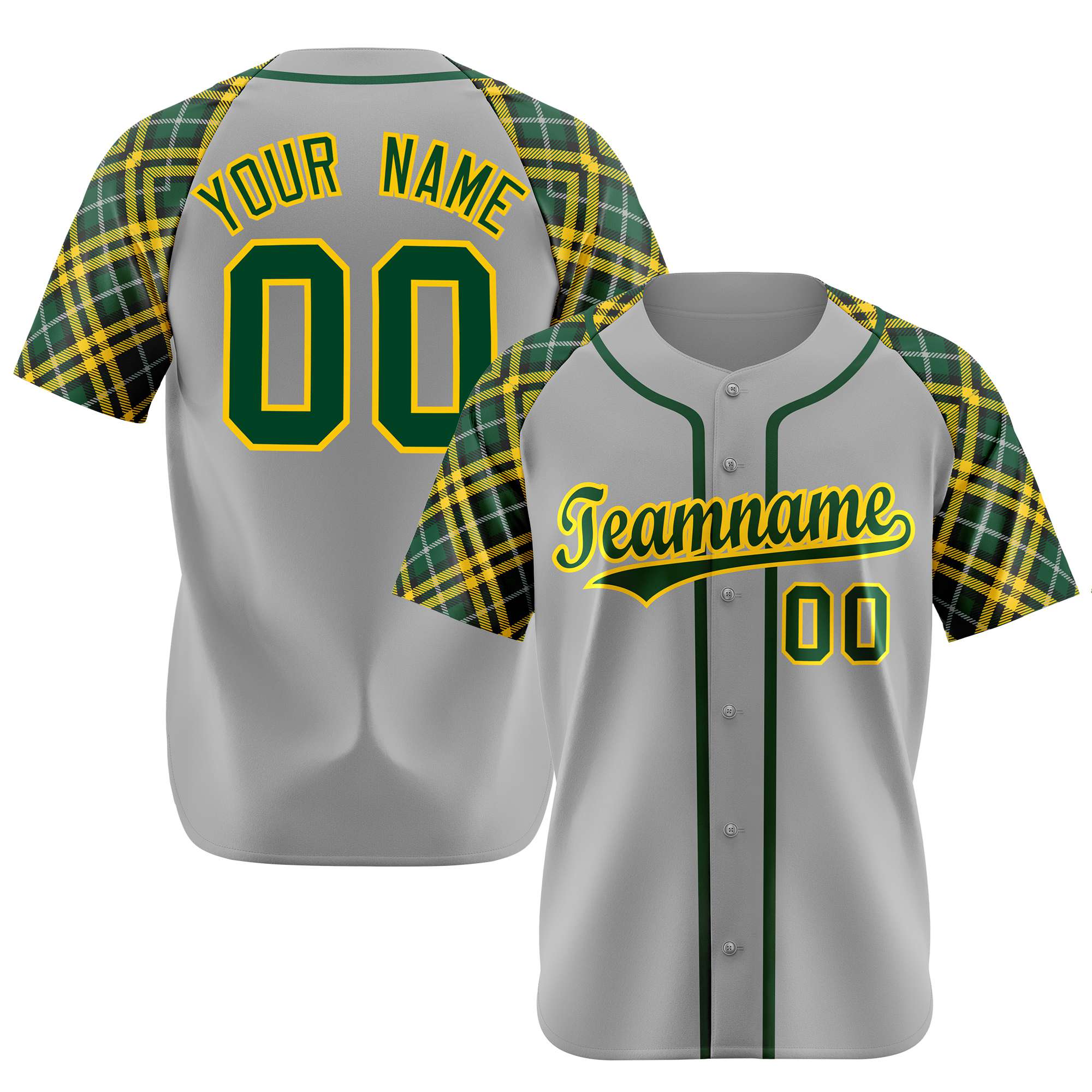 Custom Gray Green-Gold Authentic Plaid sleeve Baseball Jersey