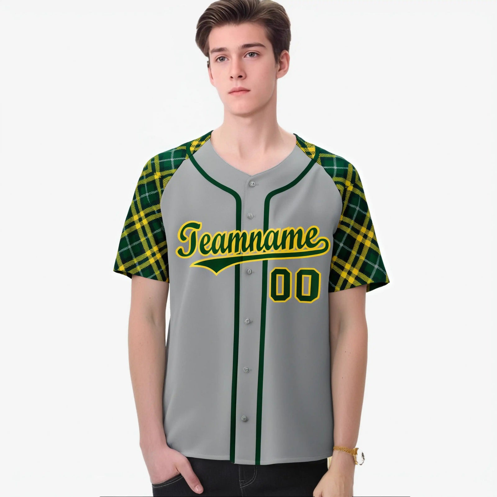 Custom Gray Green-Gold Authentic Plaid sleeve Baseball Jersey